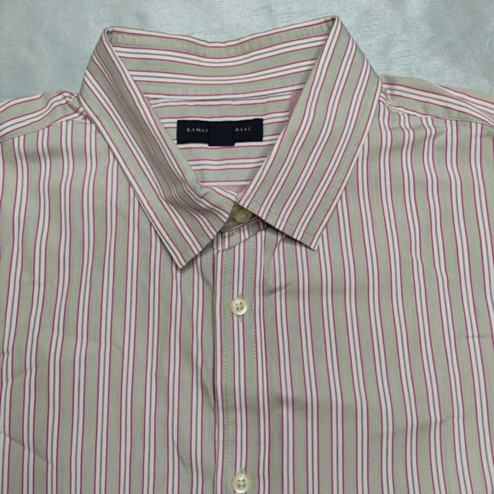 BANANA REPUBLIC Men XL (17-17.5)‎ Slim Fit Pink Stripe Cotton Button Shirt